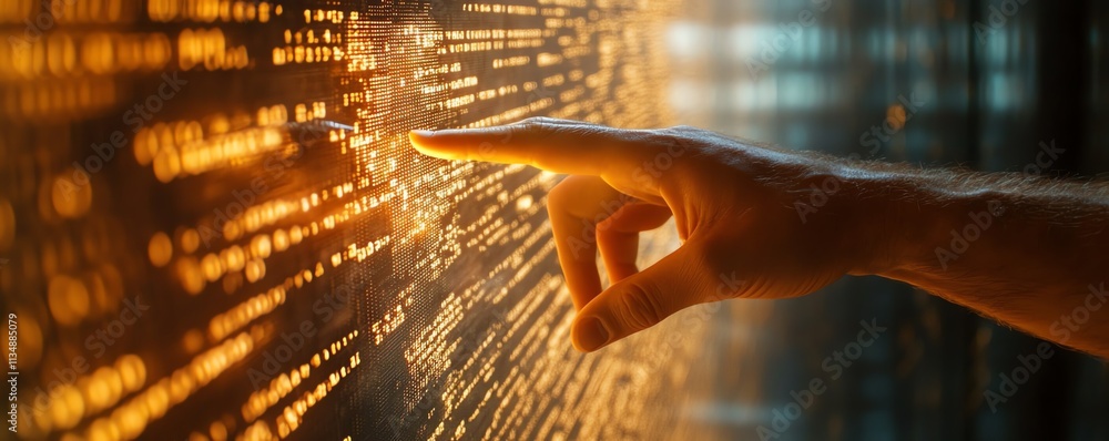 Poster human hand reaching into a binary code wall
