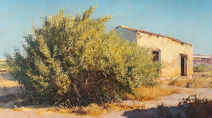 Portrait of a lush bush foreground with an aged building under a clear blue sky in an arid landscape setting.