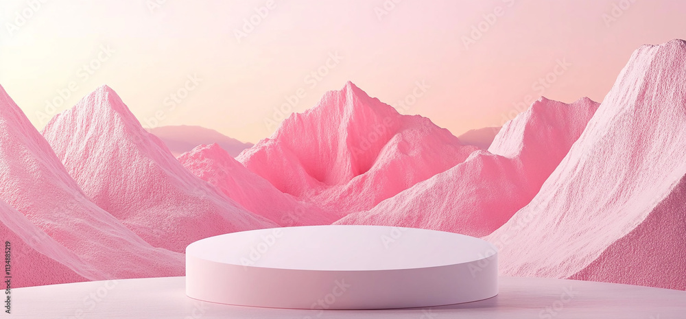 Poster minimal abstract background for product presentation, a round podium with pink mountains in the back