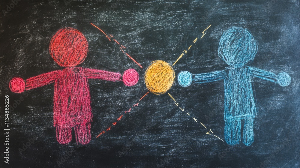 Poster chalk drawing illustrating customer relationship management with colorful figures representing conne