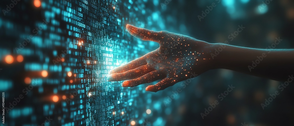 Poster human hand reaching through a wall of flowing binary code