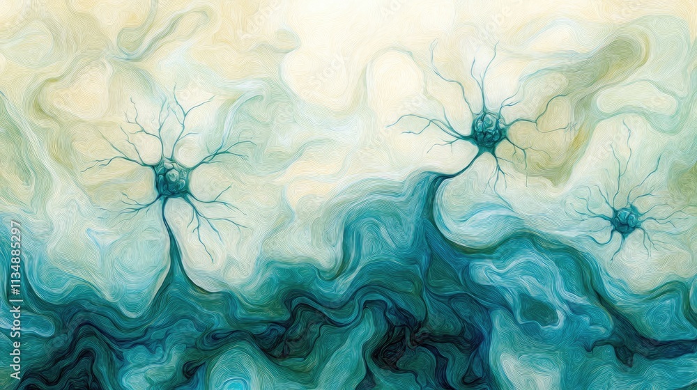 Poster abstract neurons with flowing colors in double exposure style representing education and technology 