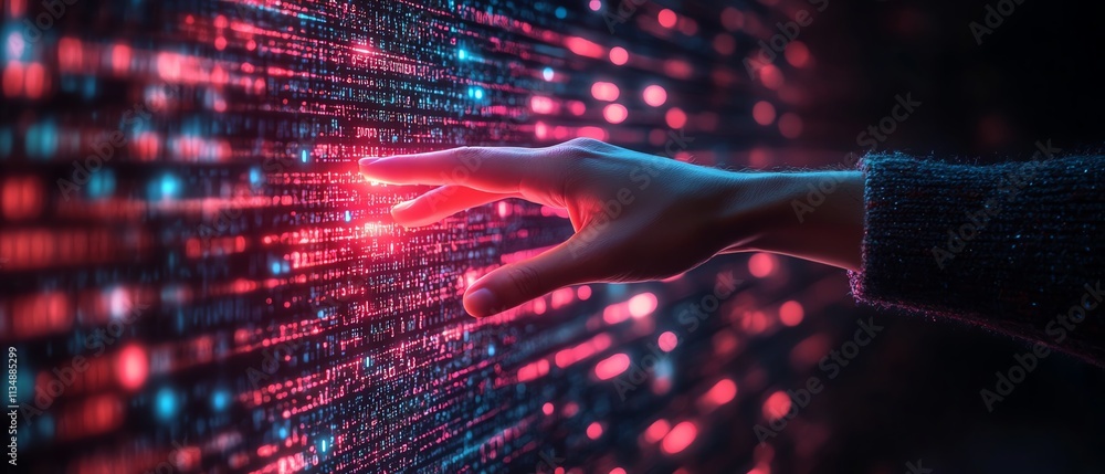 Poster human hand reaching through a wall of flowing binary code