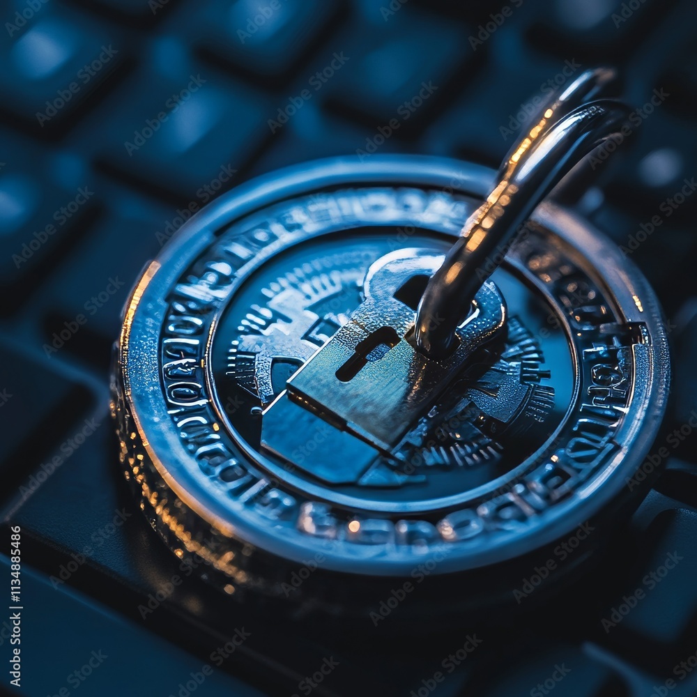 Poster secure your digital world with a shiny padlock on a dark keyboard, symbolizing protection in cybersp