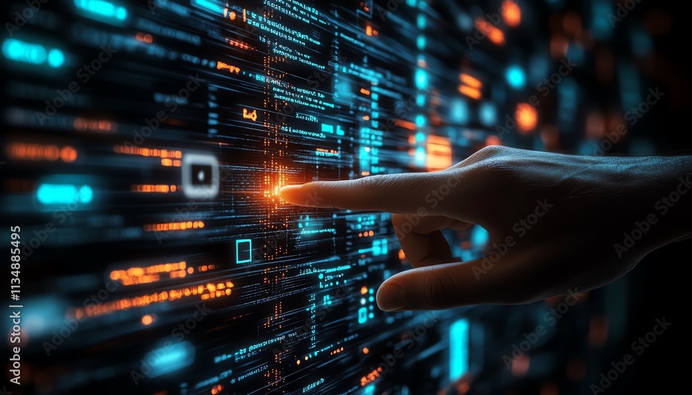 Poster human hand touching a wall of glowing binary code