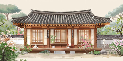Fototapeta premium Illustration of a Korean Hanok House and Garden