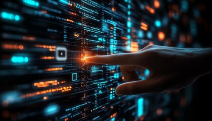 Human hand touching a wall of glowing binary code