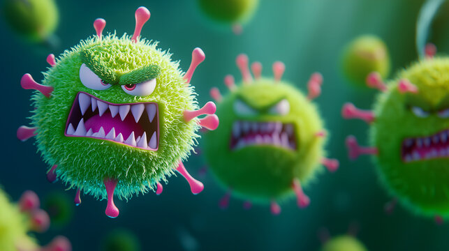Cartoonish angry virus character with vibrant green and pink spikes in a colorful microscopic environment