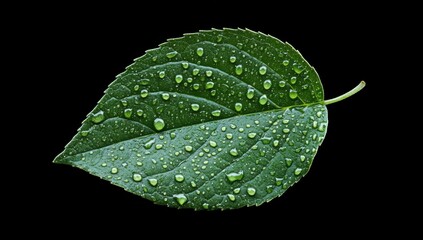 Close-up Green Leaf with Water Droplets on Dark Background, Nature's Detail