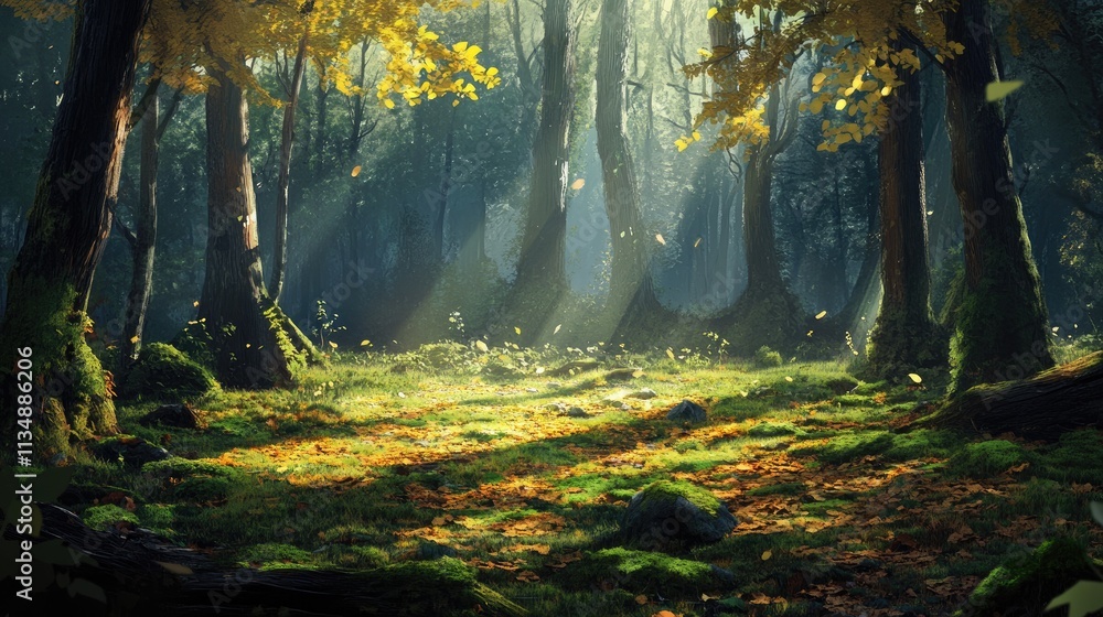 Poster enchanted autumn forest with sunlight filtering through leaves and vibrant moss creating a magical a