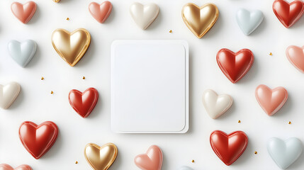 Empty blank paper on white background with red valentine hearts around. Festive romantic and love concept. Valentines or anniversary day background for greeting card, banner with copy space..