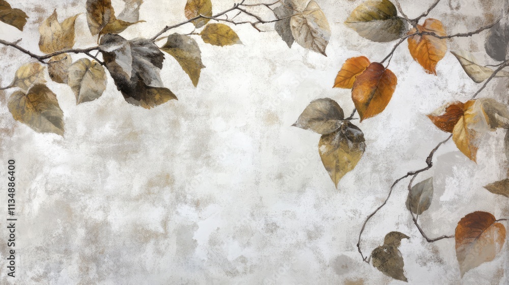 Poster autumn leaves in soft focus against a textured white background creating a serene and natural atmosp