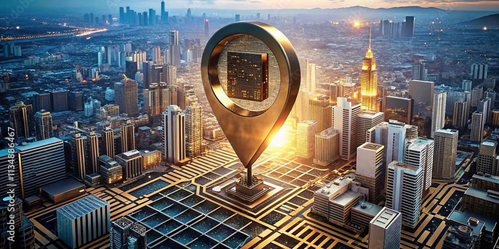 Poster double exposure photography of a technology map pointer with a rich bronze metal texture, merging di