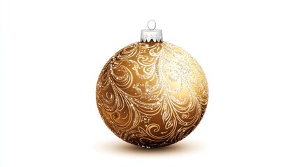 Elegant golden Christmas ball with intricate embossed patterns and silver glitter, isolated against a white background. Vector illustration.
