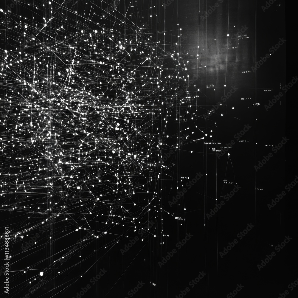 Poster complex network of luminous points and connecting lines in a dark void showcasing the beauty of unse