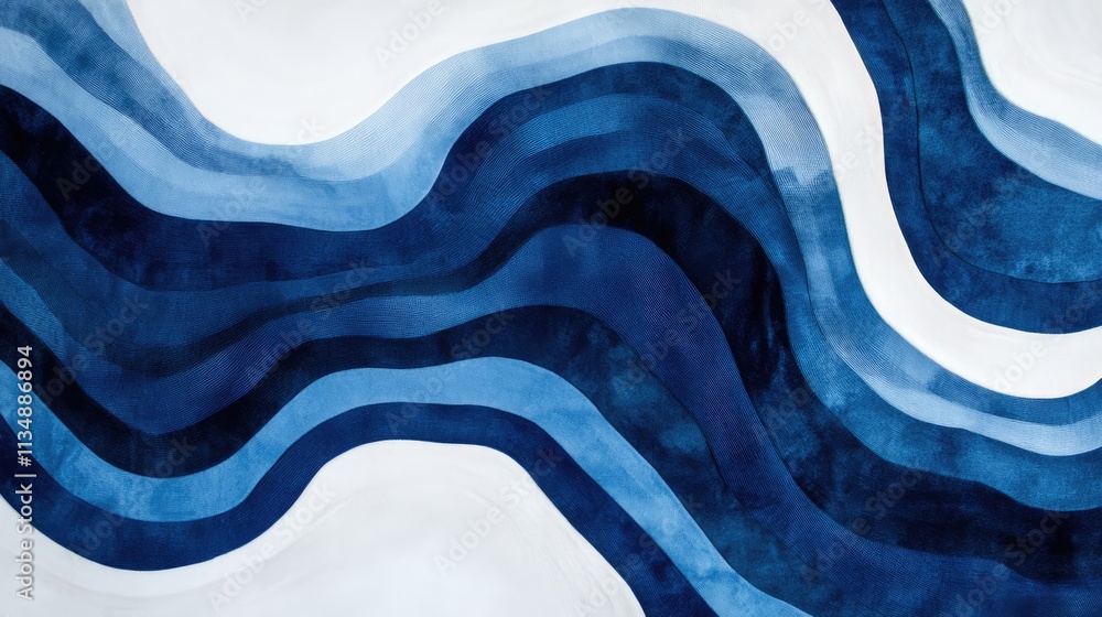 Poster abstract waves of blue velvet fabric contrasted with soft white background showcasing texture and de