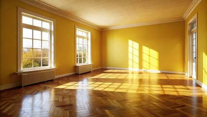 Fototapeta premium A bright and airy empty room with yellow walls and large windows, casting long shadows on the herringbone hardwood floor.