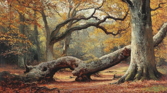 Fallen beech tree trunks and branches amidst vibrant autumn foliage in serene Epping Forest landscape