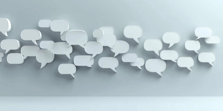 A collection of minimalistic white speech bubbles arranged on a soft aqua background, ideal for representing communication, dialogue, and creativity in a modern aesthetic.