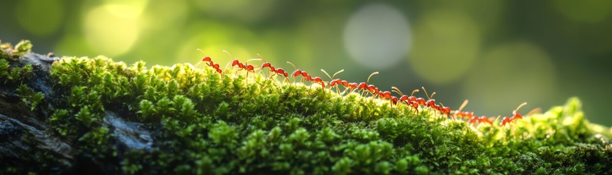 Closeup of red ants creating a bridge over mosscovered branches