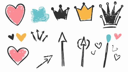 Hand Drawn Line Shapes and Decorative Elements Including Underline Shapes Arrow Heart Scribble Brush Strokes Crown Icon and Love Graphic Vector Illustration