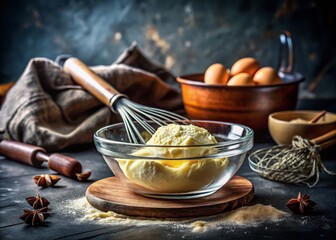 Fototapeta premium Dough in Glass Bowl with Metal Spoon on Black Tray with Whisk, Capturing the Art of Baking and Culinary Preparation in a Stylish Kitchen Setup