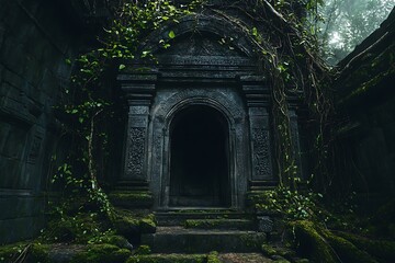 Fototapeta premium An ancient stone temple entrance overgrown with jungle vines