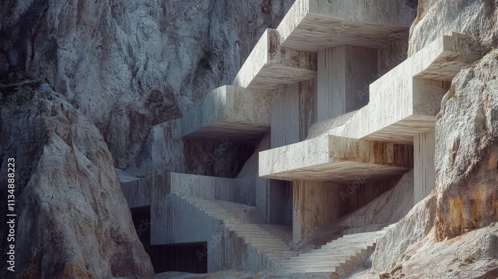 Poster abstract architecture in a deserted quarry showcasing unique concrete structures amidst rugged rock 