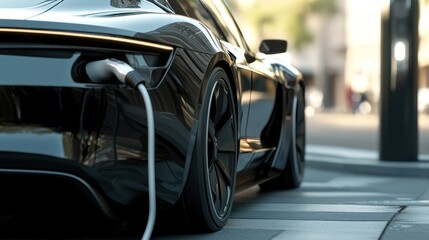 Focus on an electric car charging cable plug, highlighting its seamless connection to the vehicle for a quick charge.