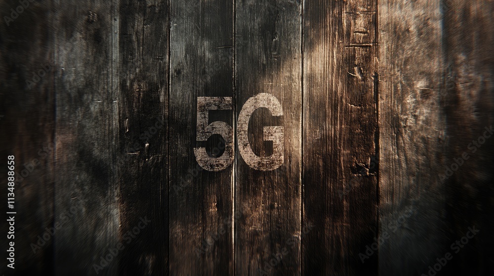 Poster 5g text illuminated by hard shadows on a textured wooden background showcasing technology and connec