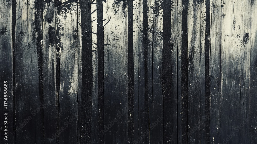 Poster mysterious forest landscape with tall dark trees and a weathered wood texture creating an atmosphere