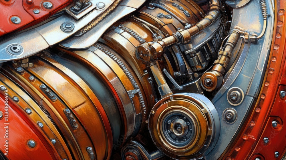 Poster close up of intricate engine details showcasing metallic components and industrial design elements i