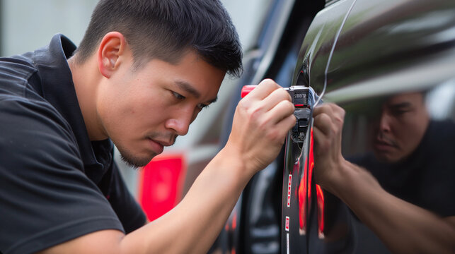 Paintless car dent repair. man fixing vehicle door with PDR technology tool