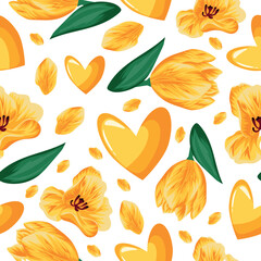 seamless pattern with yellow hearts and flowers, namely yellow tulips of different sizes and yellow petals, for the holiday of St. Valentine