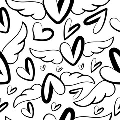 
valentines day seamless pattern with round heart icons with wings in the background line art and various hearts