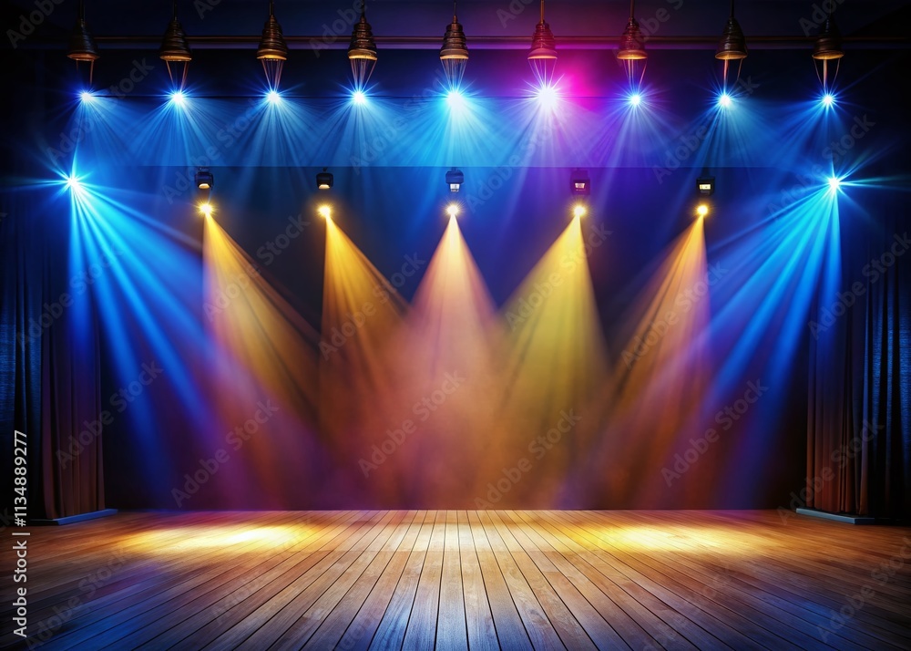 Poster Dramatic Long Exposure of an Empty Stage Surrounded by Intense Spotlights Against a Silent Background with Ample Copy Space for Text and Imagery