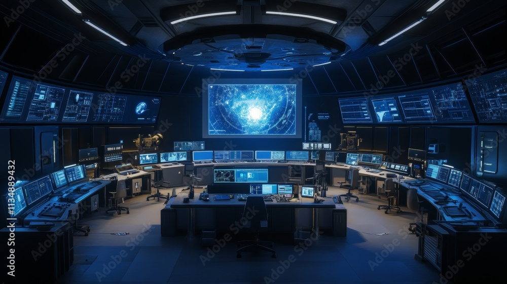 Poster a spacious, high-tech command center filled with large digital screens and advanced technology. the 