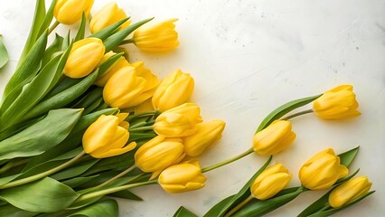 Obraz premium Beautiful composition spring flowers. Bouquet of bunch of flowers yellow tulips flowers on pastel green background. Flat lay, top view, copy space.