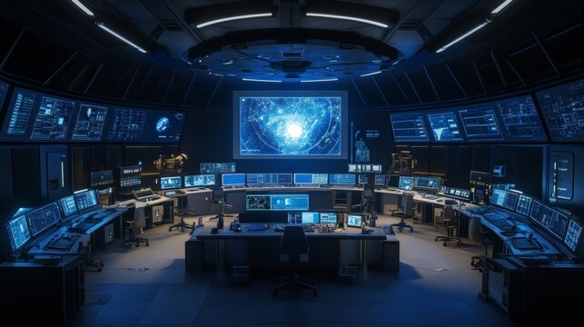 A spacious, high-tech command center filled with large digital screens and advanced technology. The futuristic control room setup is perfect for science fiction, cybersecurity, or space exploration