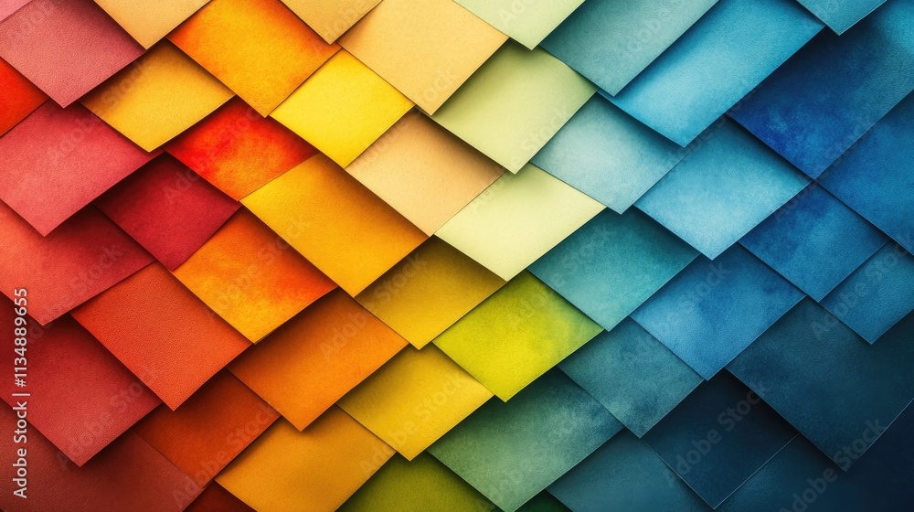 Poster colorful abstract geometric background of overlapping foam craft paper in rainbow hues creating a te