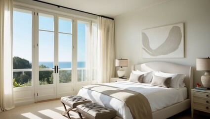 Spacious coastal bedroom featuring large windows with ocean view, soft beige tones, elegant decor,...