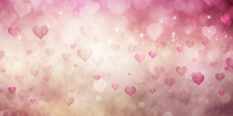 A dreamy, romantic background with hearts and bokeh in a soft pink and peach color scheme