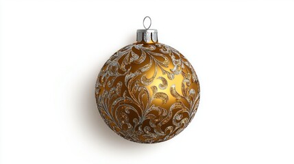 Golden Christmas ball with a glossy finish, embossed patterns, and silver glitter, hanging against a white background. 3D vector ornament.