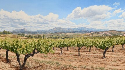 Scenic spring vineyard landscape in a designated origin region with mountains and blue skies in the background