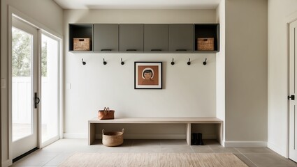 Modern entryway design featuring a minimalistic bench, wall hooks, decorative artwork, and abundant natural light