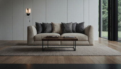 Living Room Interior with Sofa, Coffee Table, and Wall Light