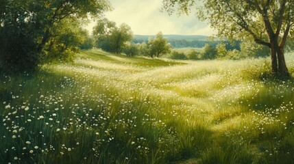 Obraz premium Lush green meadow with wildflowers illuminated by soft sunlight in a serene landscape scene