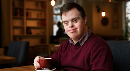Fototapeta premium Young adult with down syndrome enjoying coffee in cozy cafe setting