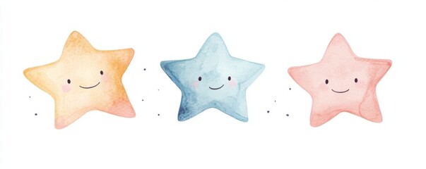 Cute watercolor cartoon stars in minimalist style on white background. Adorable, pastel colors.