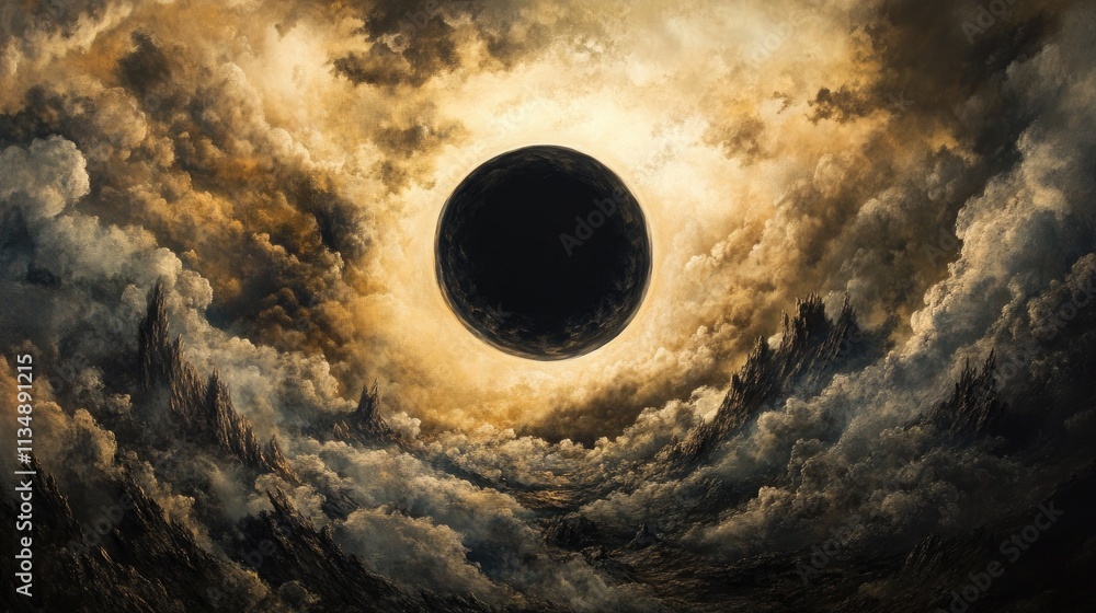 Poster hybrid solar eclipse over yogyakarta with dark clouds and dramatic scenery showcasing the celestial 